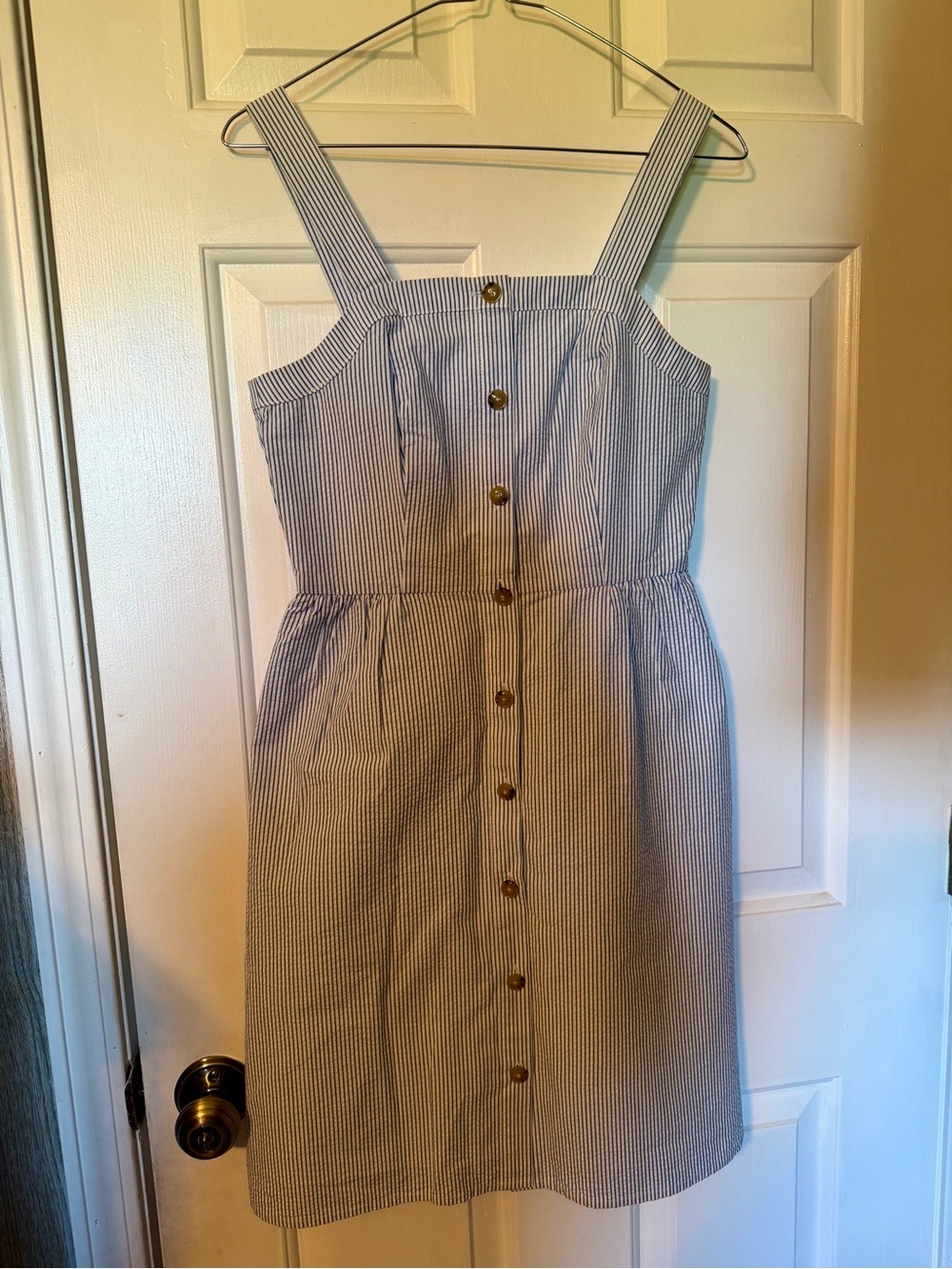 J. Crew Blue and White Striped Button-Front Midi Sundress